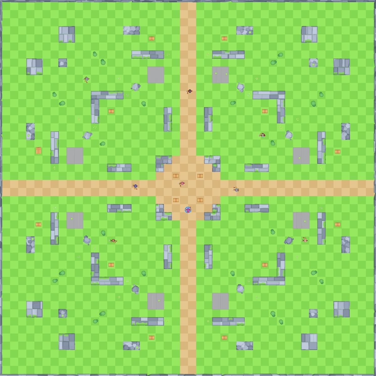 The whole arena from above: a square courtyard of stone walls, two paths crossing in the middle, cover and crates in between