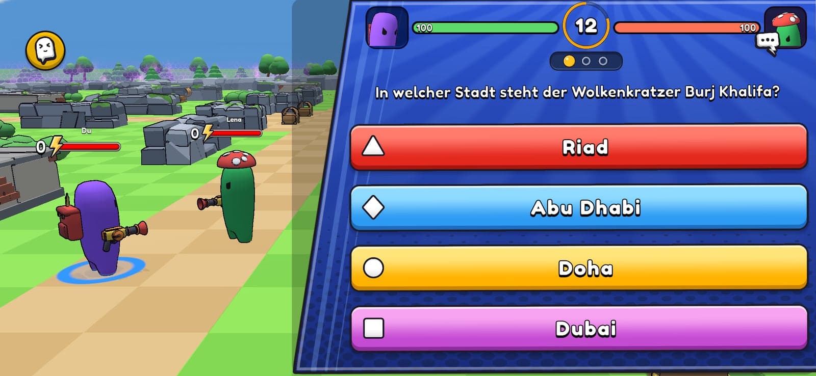 Ein Duell: die Frage mit vier farbigen Antworten, oben die Lebensbalken beider Spieler
